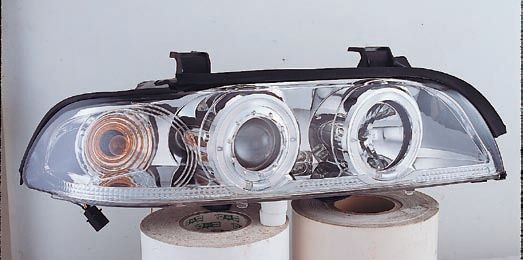  Фары передние Л+П (КОМПЛЕКТ) ТЮНИНГ линзованные со светящимся ободком(ангельские глазки) ПРОЗРАЧ с регулировочным мотором (SONAR) внутри хромированные для  BMW 5xx E39 (95-03)