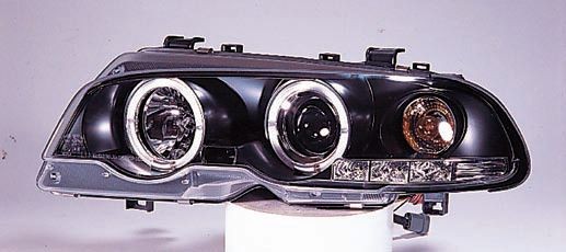  Фары передние Л+П (КОМПЛЕКТ) ТЮНИНГ линзованные с 2мя светящимися ободками , литые с указателем поворота (SONAR) внутри черные для  BMW 3xx E46 КУПЕ (98-06)