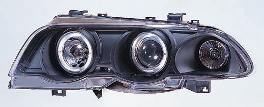  Фары передние Л+П (КОМПЛЕКТ) ТЮНИНГ линзованные с 2мя светящимися ободками , литые с указателем поворота (SONAR) внутри черные для  BMW 3xx E46 СЕДАН/УНИВЕРСАЛ (98-03)