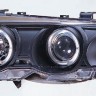  Фары передние Л+П (КОМПЛЕКТ) ТЮНИНГ линзованные с 2мя светящимися ободками , литые с указателем поворота (SONAR) внутри черные для  BMW 3xx E46 СЕДАН/УНИВЕРСАЛ (98-03)