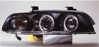  Фары передние Л+П (КОМПЛЕКТ) ТЮНИНГ линзованные со светящимся ободком(ангельские глазки) ПРОЗРАЧ с регулировочным мотором (SONAR) внутри черные для  BMW 5xx E39 (95-03)
