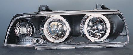  Фары с указателями поворота (КОМПЛЕКТ) ТЮНИНГ (СЕДАН) (compact) с 2мя светящимися ободками , литые с указателем поворота (SONAR) внутри черные для  BMW 3xx E36 (90-00)