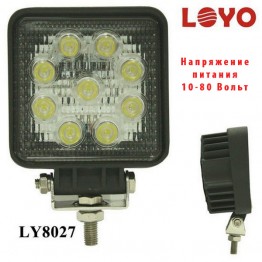 LED фара рабочего света 10-80 вольт LOYO WORK 8027-80V светодиодная, 27 Вт, квадратная, ближний свет(flood) для электрического погрузчика, спецтехники и внедорожников
