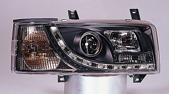  Фары передние Л+П (КОМПЛЕКТ) ТЮНИНГ линзованные (DEVIL EYES) П/ ПРЯМОУГ РЕШЕТК литые с указателем поворота (SONAR) внутри черные для  VW TRANSPORTER T4 (90-)