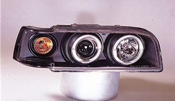  Фары передние Л+П (КОМПЛЕКТ) ТЮНИНГ прозрачные с 2мя светящимися ободками , литые с указателем поворота (SONAR) внутри черные для  VOLVO 850 (91-97)