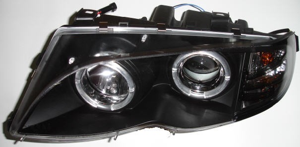  Фары передние Л+П (КОМПЛЕКТ) ТЮНИНГ линзованные с 2мя светящимися ободками (SONAR) внутри черные для  BMW 3xx E46 СЕДАН/УНИВЕРСАЛ (98-03)